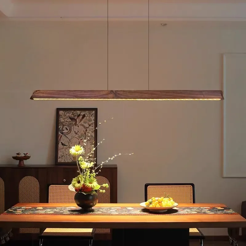 

Walnut Solid Wood Minimalist Long Strip Pendant Light Eye Caring LED Lamp for Dining Room Tea Room Office Table Home Decor