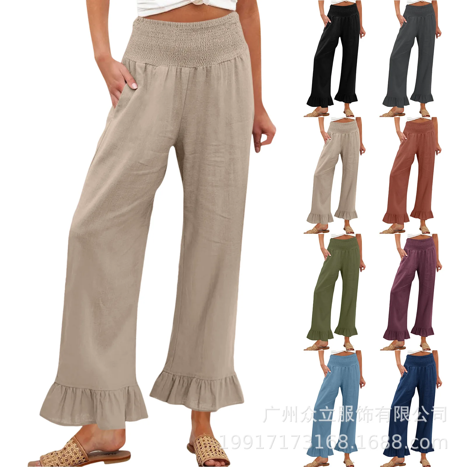 Pant women 2026 casual Spring/Summer solid-color cotton linen loose fringed lace beach vacation long pants women's clothing