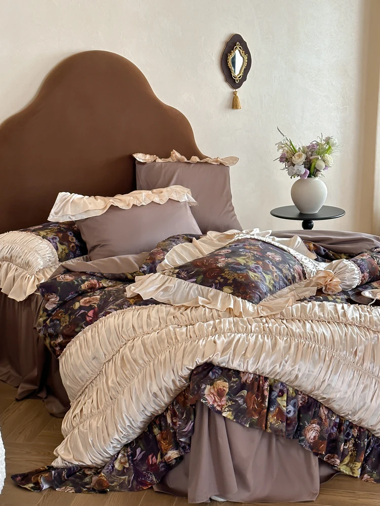 

Retro 100S Long Velvet Cotton Quilt Cover Sheet Bed Skirt Bedding Set Digital Printing Pure Cotton Comforter Set French Style