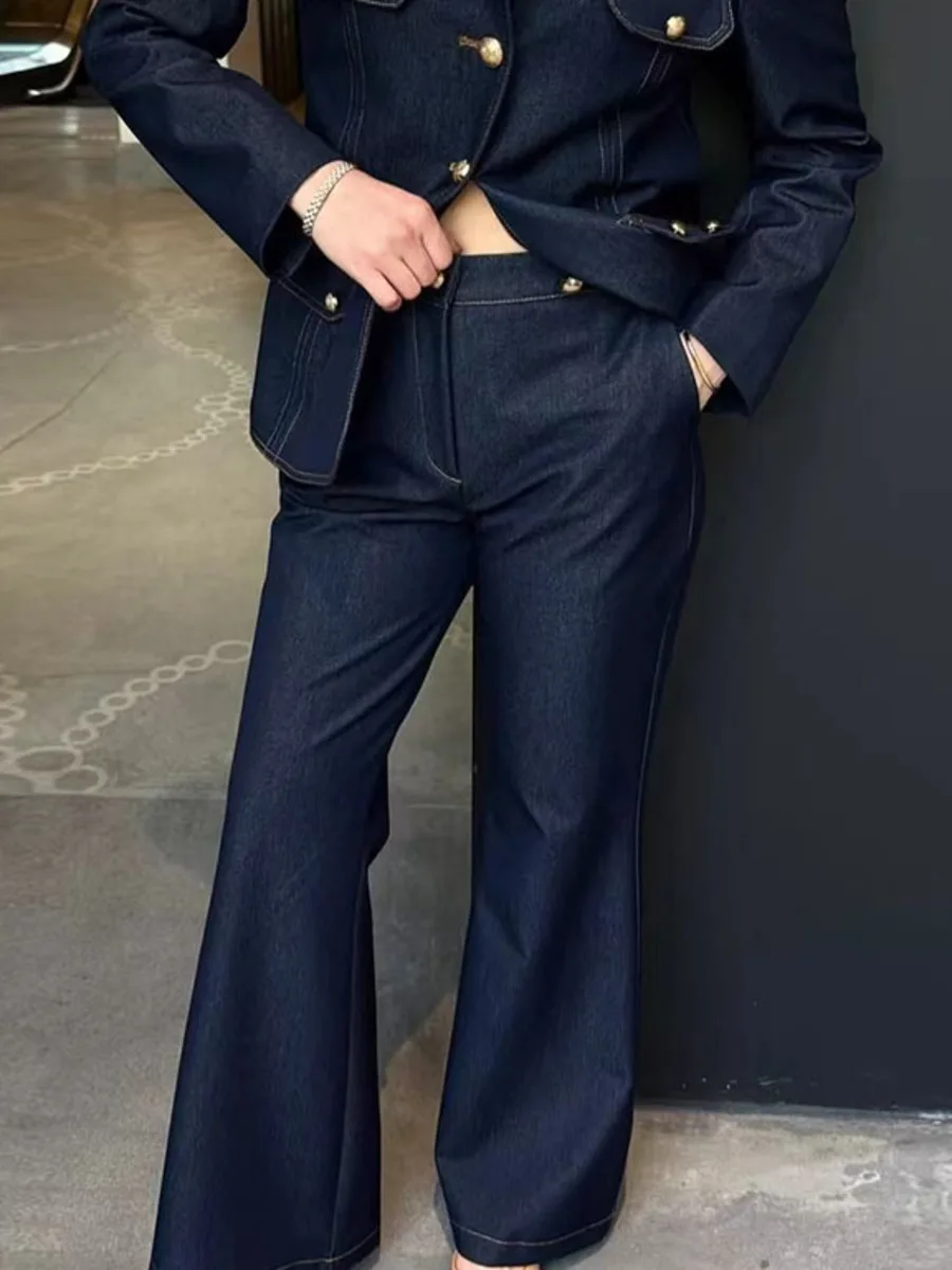 TWOTWINSTYLE Set Dua Potong Pelangsing untuk Wanita Kerah Lengan Panjang Sambungan Atasan Kancing Sebaris Celana Pinggang Tinggi Set Elegan Wanita