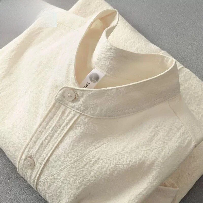 Japanese Style Men's Shirt Cotton Linen Short Sleeve Long Sleeve Stand Collar Henry Collar round Collar Five Sleeve T-Shirt T...