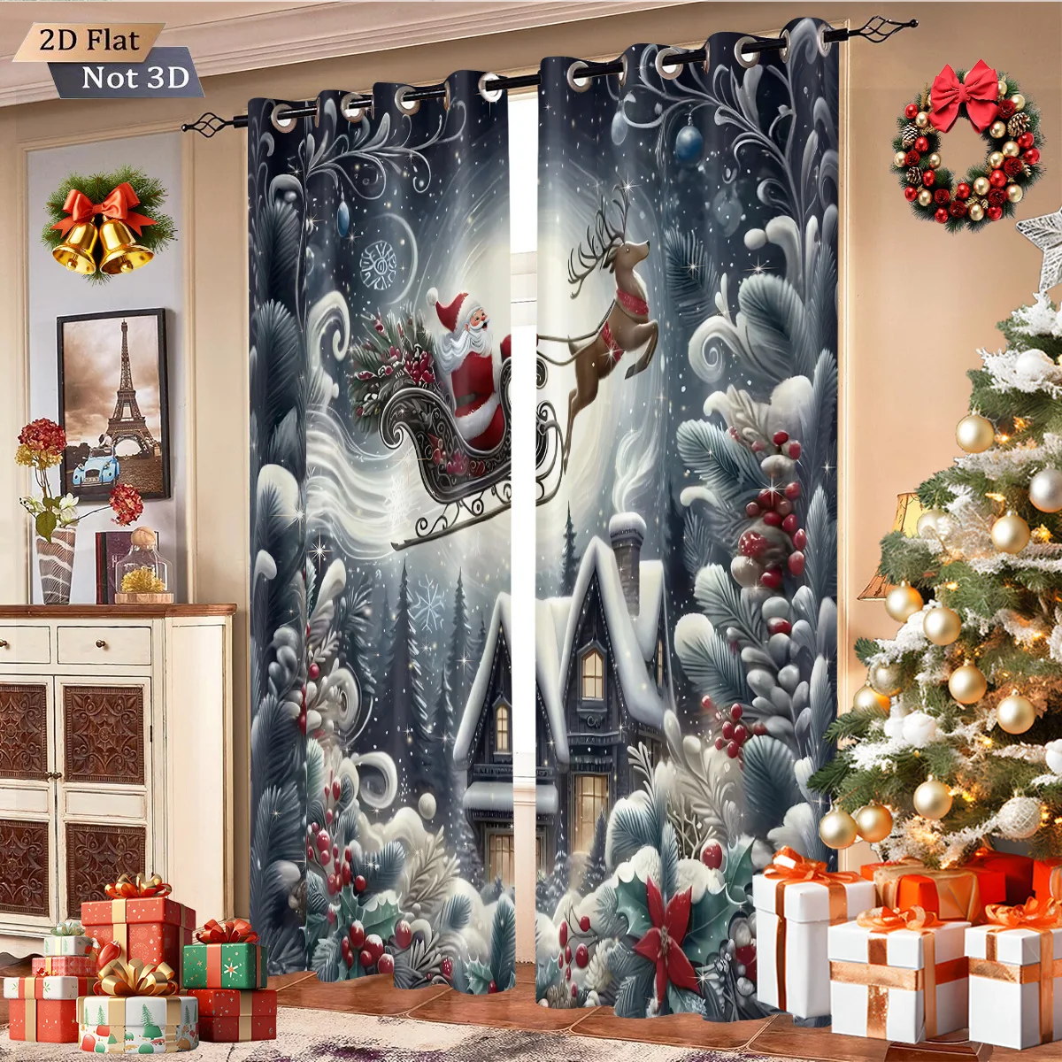 2 Stück Frohe Weihnachten Weihnachtsmann Druck Verdunkelungsvorhang mehrere Größen Wohnzimmer Isolierung Urlaub Dekoration maschinenwaschbar
