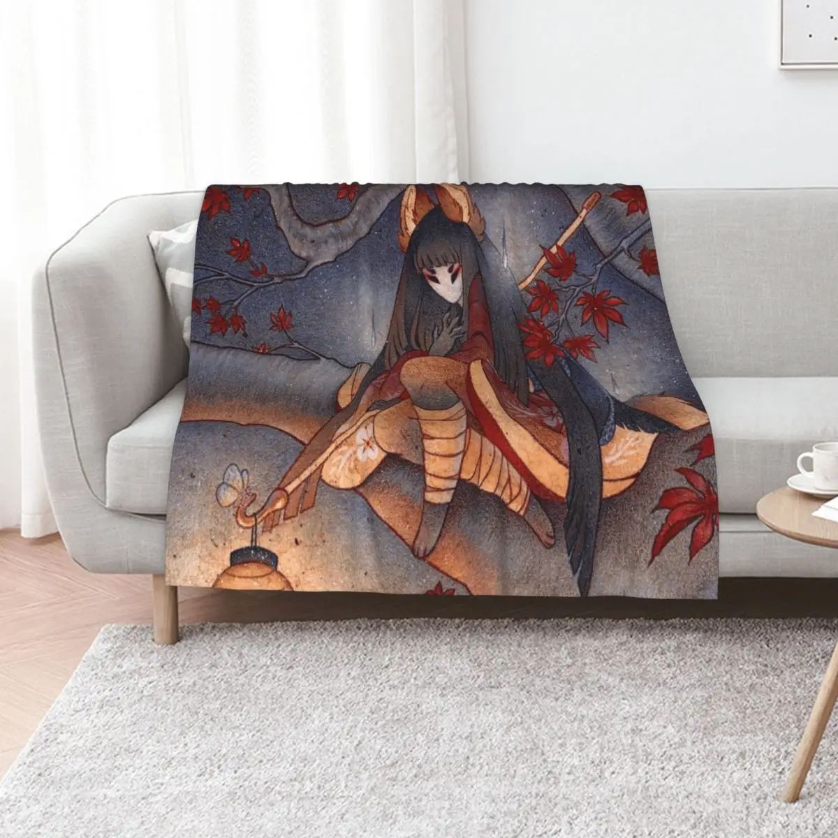 Japanese Maple Kitsune with Lantern Throw Blanket blankets and throws Moving Multi-Purpose Bed sofa bed Nap Blankets