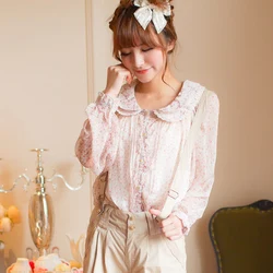 Japan Style Flower Printed Double Layer Lace Collar Long Sleeve Blouse Chiffon Shirts