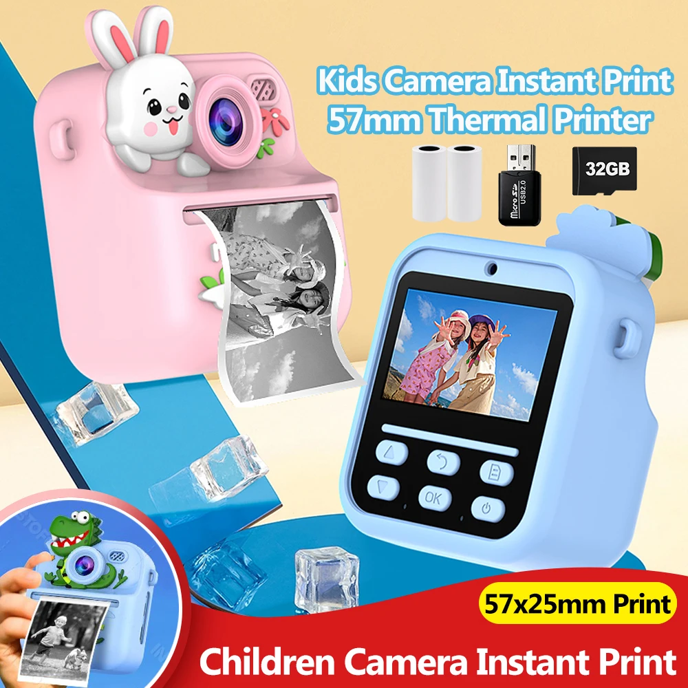 

57mm Thermal Printer & Kids Camera Print Digital Dual Lens HD 1080P Video 32G Memory-card for Children Birthday Gifts