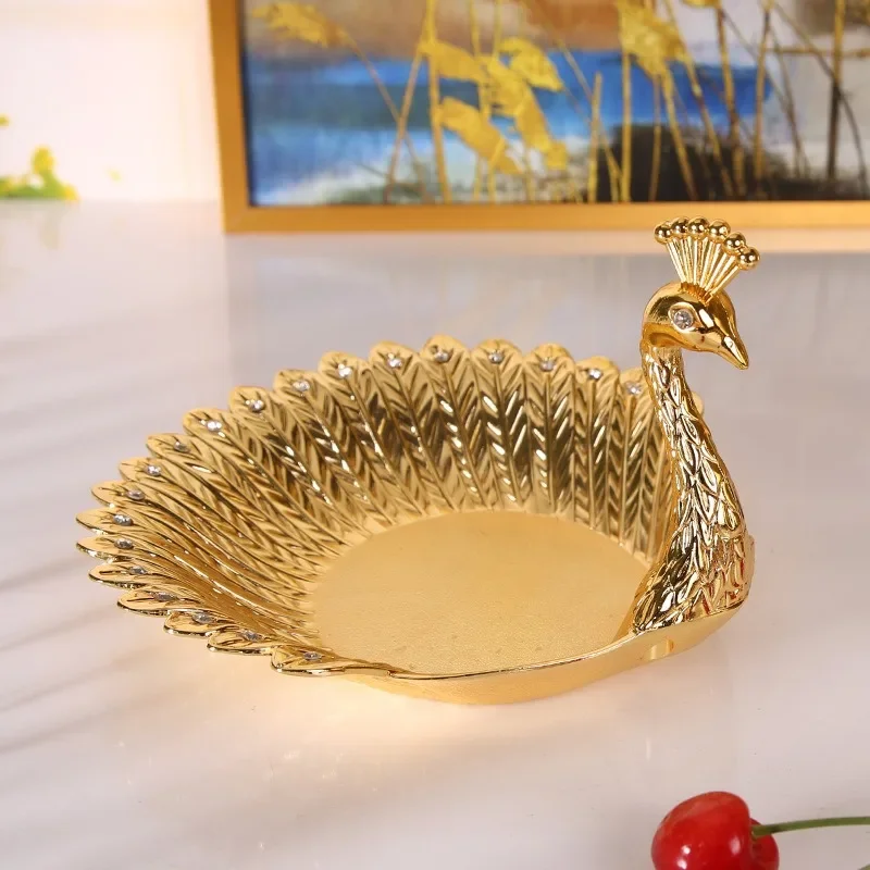 Pretty Gold Peacock Fruit Plate Luxury Zinc Alloy Tray Delicate Storage Plate for Candy Trinket Jewelry Snack Serving Home Decor