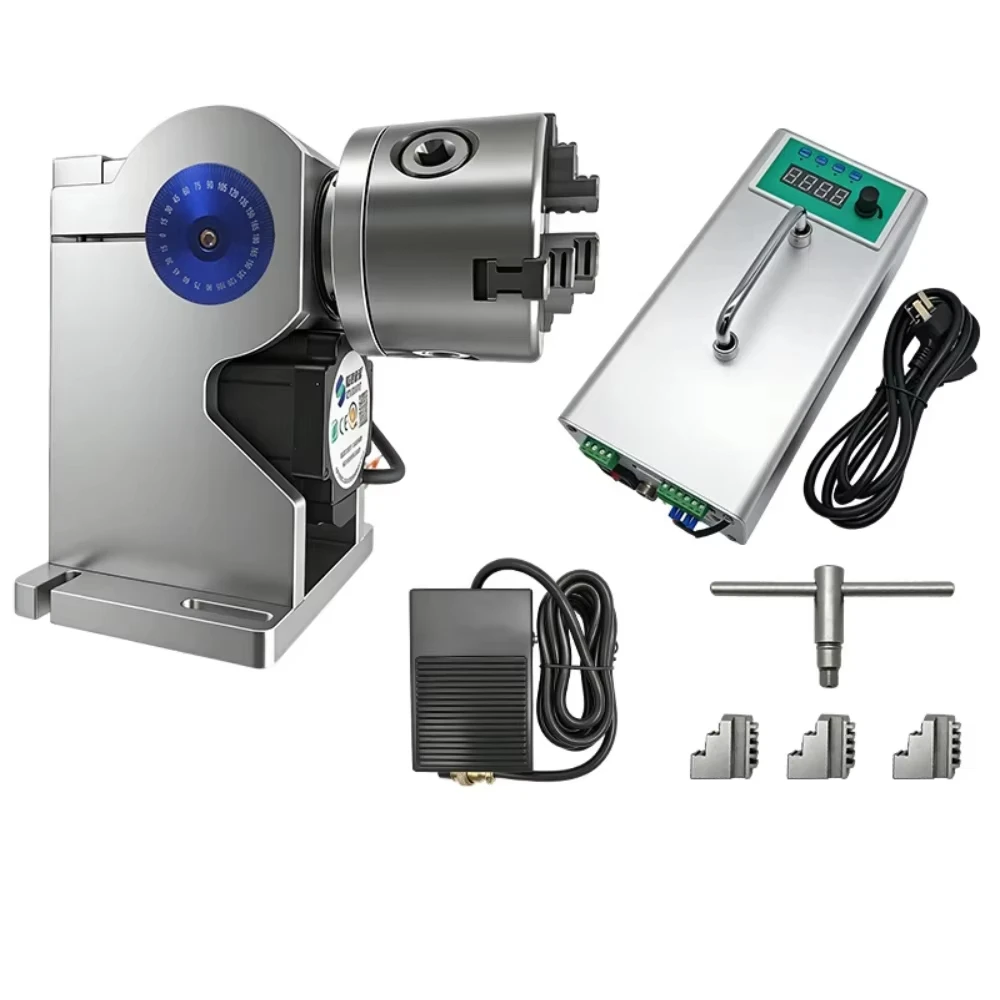 D80C Hollow Rotary Axis Electric Rotary Table Kit with 3-Jaw Chuck, Controller & Foot Switch for Marking & Welding Machines