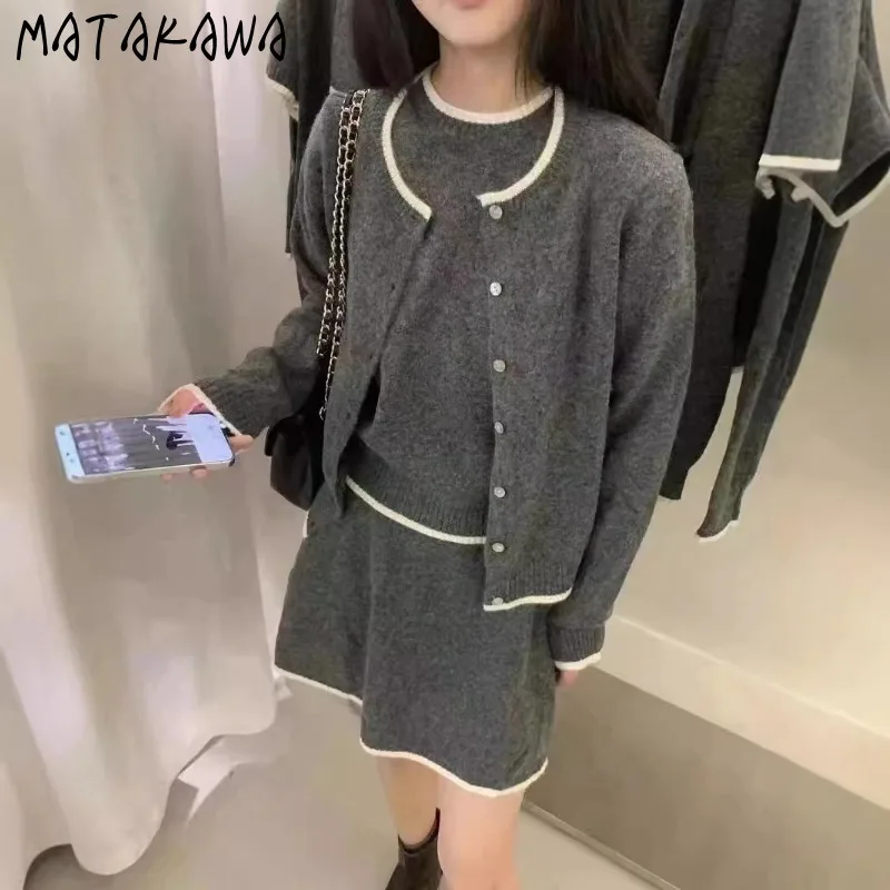 

Matakawa 3 Pieces Sets Women Outfits Autumn Winter Korean Fashion Cardigans Skirts Set Contrast Color Retro Conjunto Femenino
