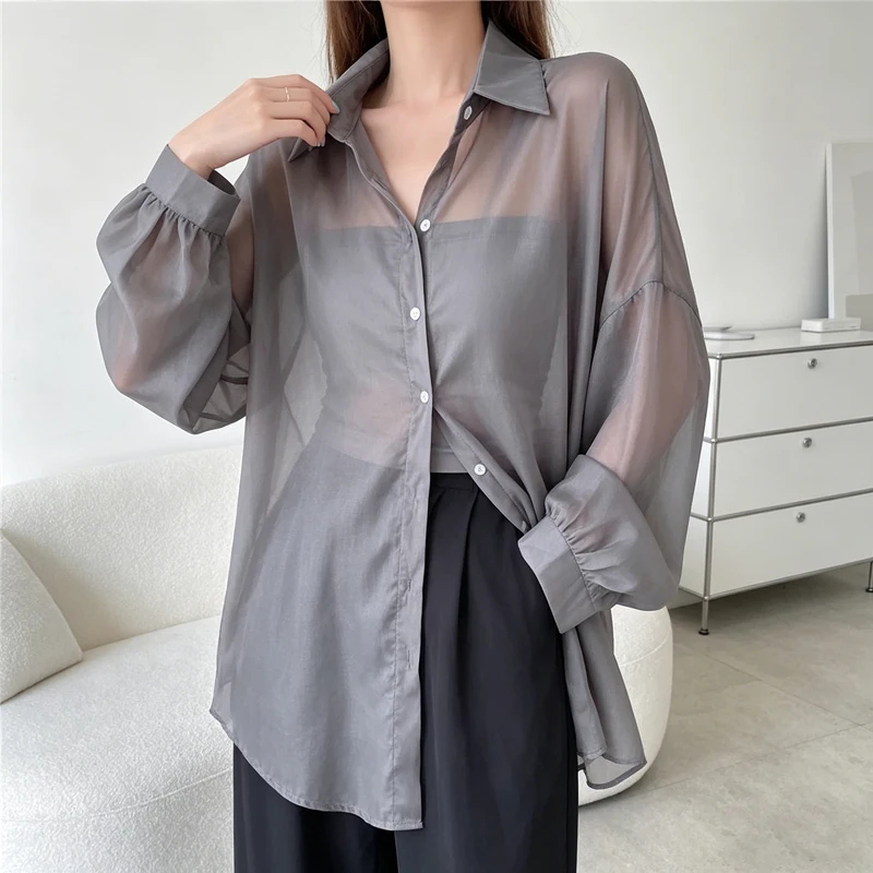 

2026 Simple Women's Sheer Chiffon Button-Up Shirt Long Sleeve Loose Oversized Casual Blouse Summer Basics Beach Cover Up