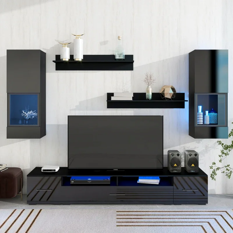 

B Minimalist Entertainment Center with Push to Open Doors,Extended TV Console Table,TV Stand with Color Changing LED Lights