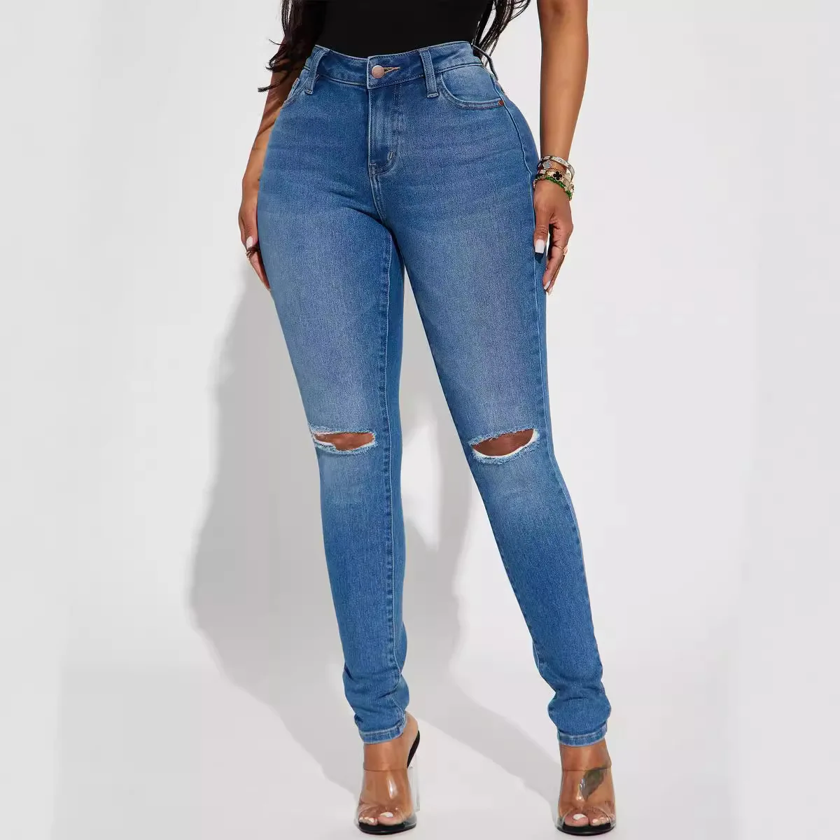 Women Ripped Holes Jeans Washing Denim Pockets Sexy Sheath High Waist Slim Fit Zipper Fly Ankle Length Basics Pencil Pants 2024