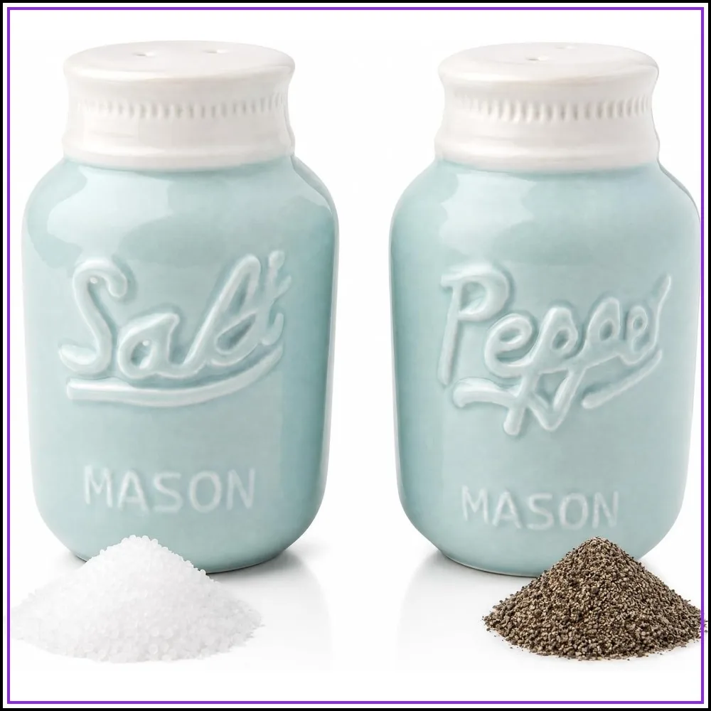 Large Ceramic Salt & Pepper Shaker Set, 3.5 oz Each, Mason Jar Design, Aqua Blue, Chip-Resistant, Hand Wash Only