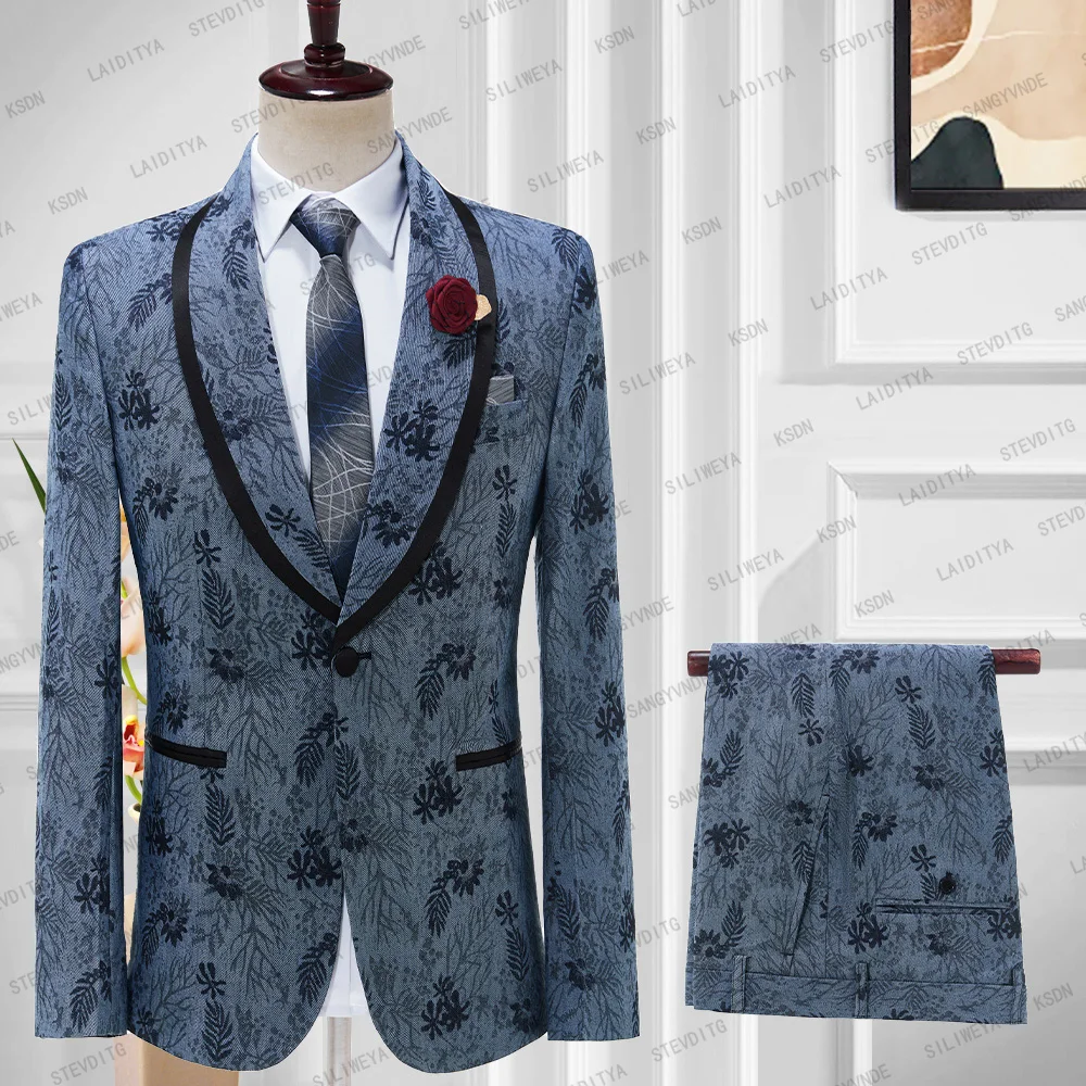 2023 Formal Wedding Suits For Men Slim Fit Denim Jacquard One Button Design With Satin Trimmed Latest Groom Wear Terno Masculino