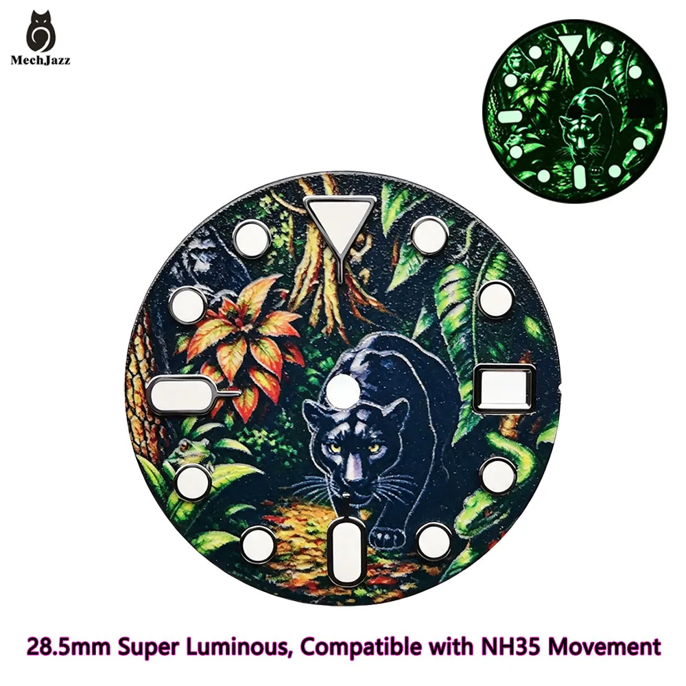 MechJazz 28.5mm Jungle Black Panther Animal Art Pattern Watch Dial Super Luminous Dial For NH35 NH36 Automatic Watch Mod Parts