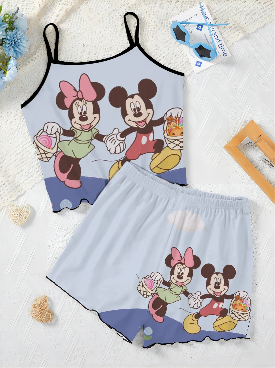 Haut Disney Minnie Mouse pour femme, ensembles courts, t-shirt à garniture en laitue, robe tureSlip, jupe pyjama trempée, élégan