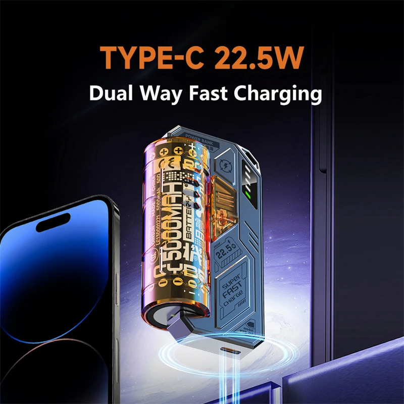 Съемный мини-банк питания, сменная батарея 22,5 Вт, портативный запасной аккумулятор Powerbank с быстрой зарядкой для iPhone 16, Samsung Xiaomi