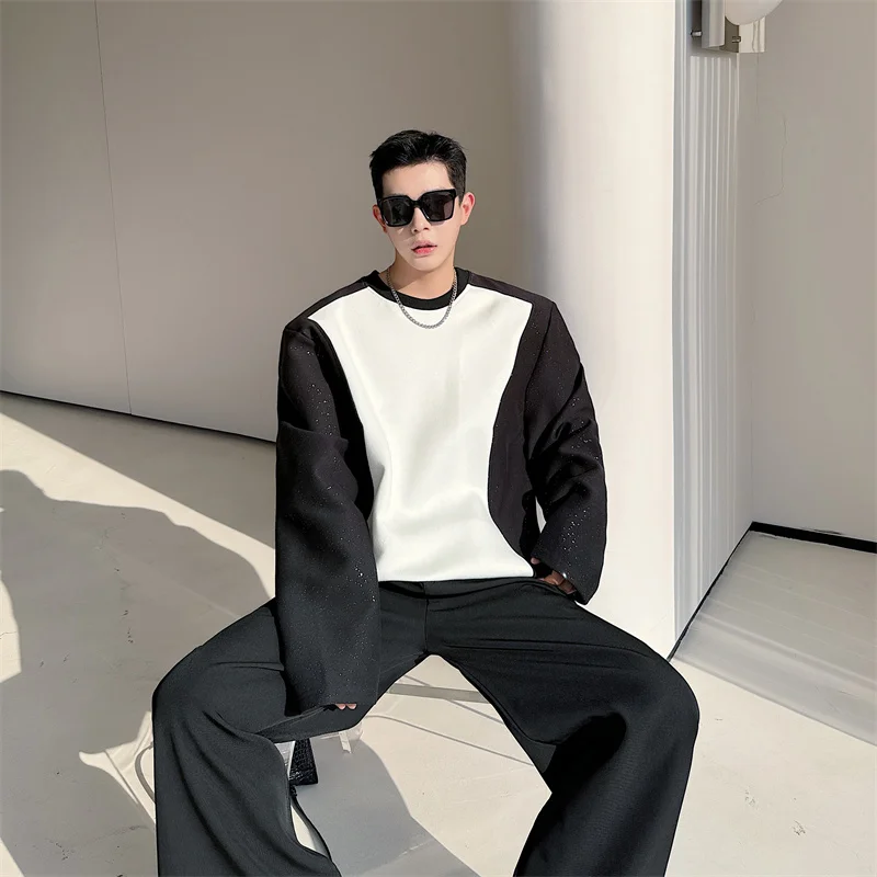 Spring Black White Contrast Color Shiny Sweatshirts Youth Men's Fashion High-End Long Sleeve Jackets Trendy Men Clothing