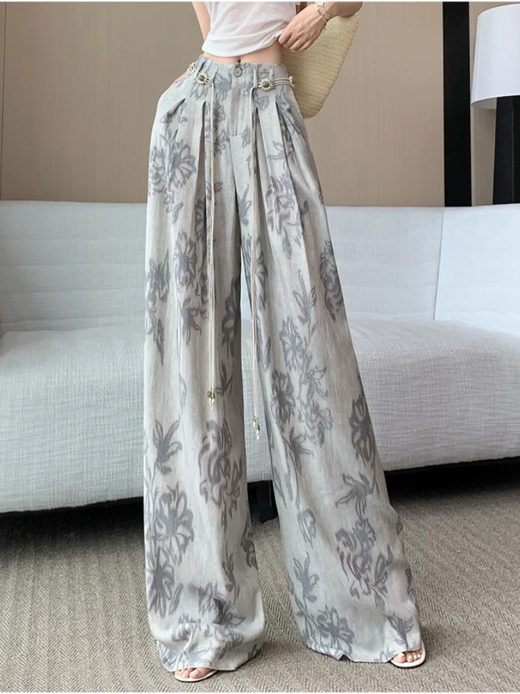 

Printed Wide Leg Pants For Women Summer 2025 New Fashionable American Style Loose Versatile High Waisted Casual Pants For Daily