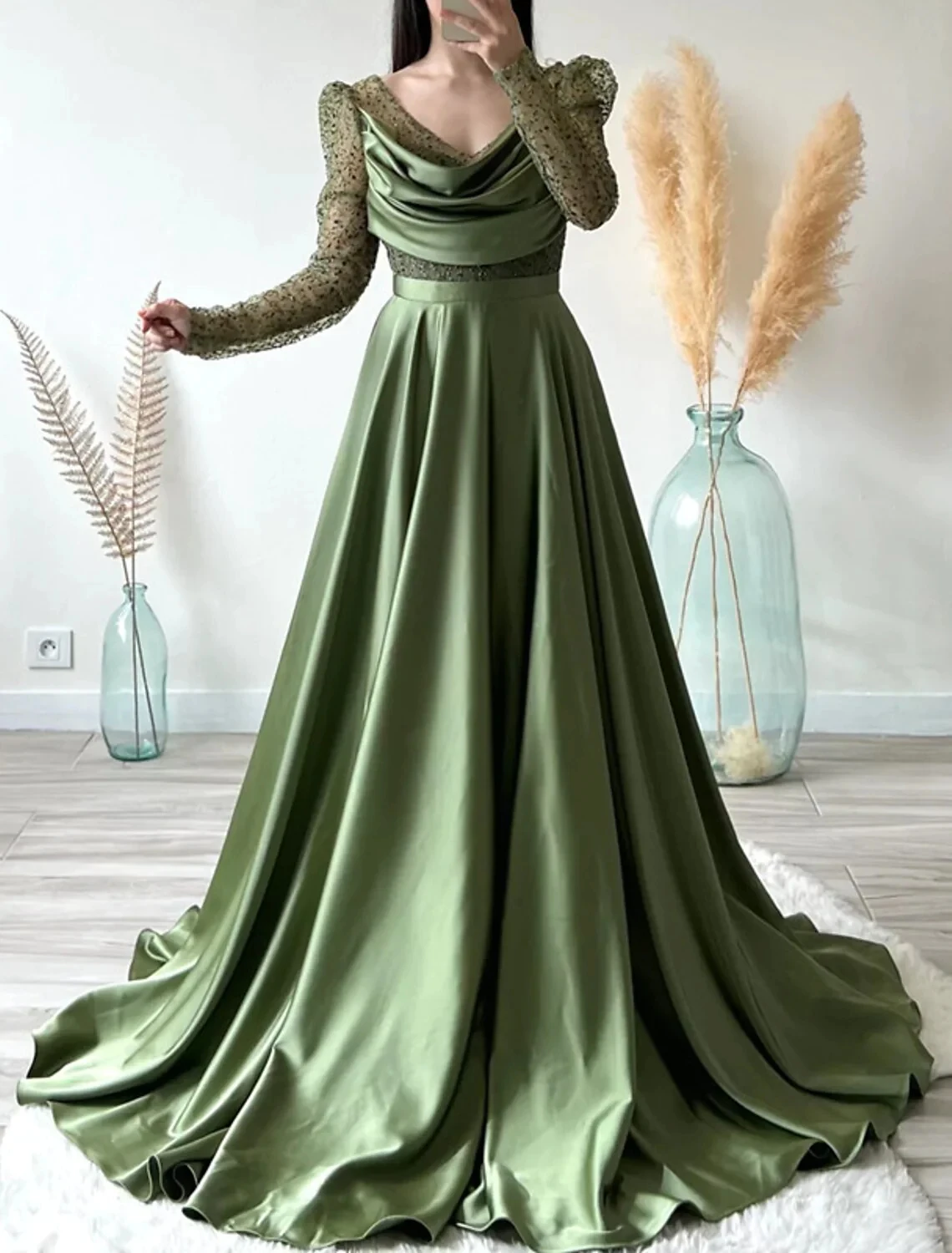 Elegant Long Sleeve V-Neck Pleated Patchwork Gauze Prom Dresses Blue Gowns Green Formal Birthday Gowns Court Long Dresses Gowns