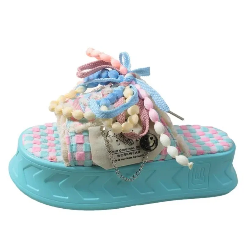 

6 см Симпатичные кавайные модные тапочки с граффити Женская Толстая подошва приподнятая полотняная линия для женщин модные маффины внешняя одежда