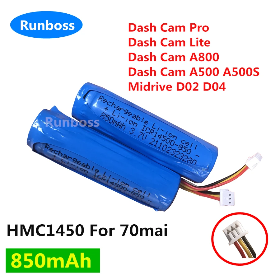 1-4 pz 850 mAh HMC1450 3.7 V Batteria per 70mai Smart Dash Cam Pro, DashCam Lite, A500 A500S A800 Midrive D02 D04 Videoregistratore per auto