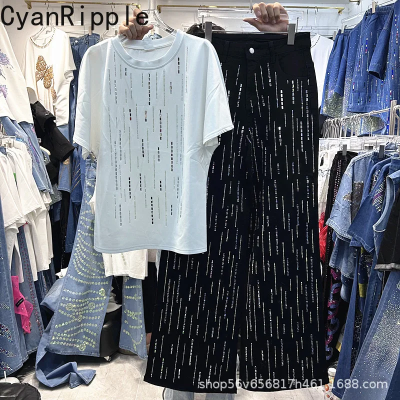 Fashion Lady New Spring Summer Women Two-piece Set Glass Drill White Loose Short Sleeve T-shirt Top + Black High Waist Jeans