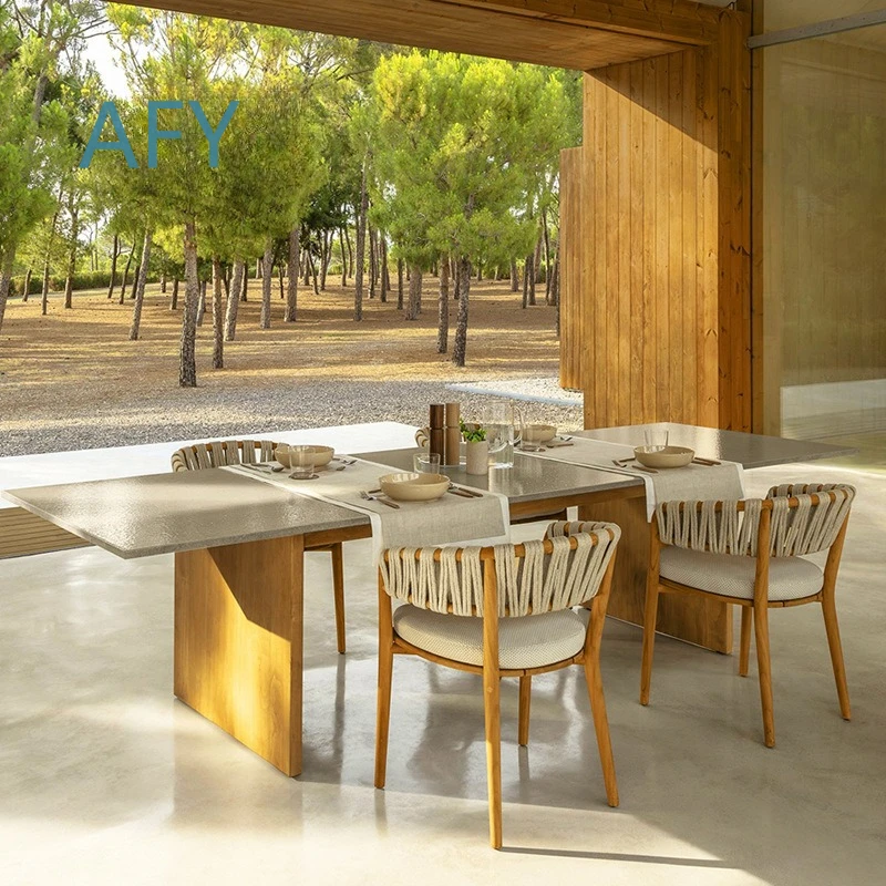 Outdoor Solid Wood Dining Table and Chairs Set for Villa Hotel Outdoor Restaurant Rain Sun Protection Rattan Weaving Teak