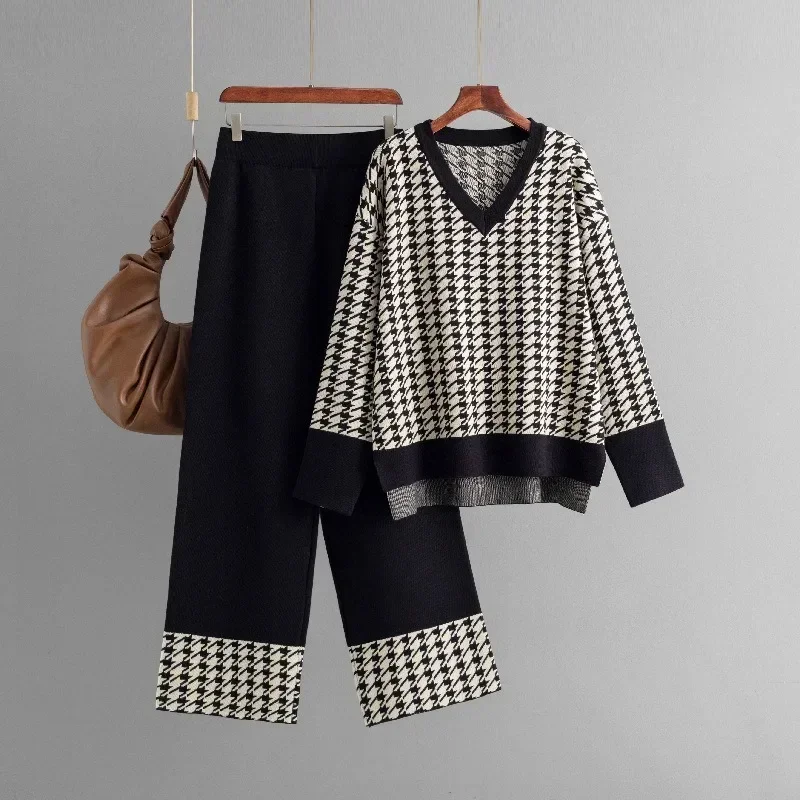 Autumn Fashion Houndstooth V-neck Sweater Suit Winter New Casual V-neck Pullovers Knitted Wide Leg Pants Women Two-piece Sets