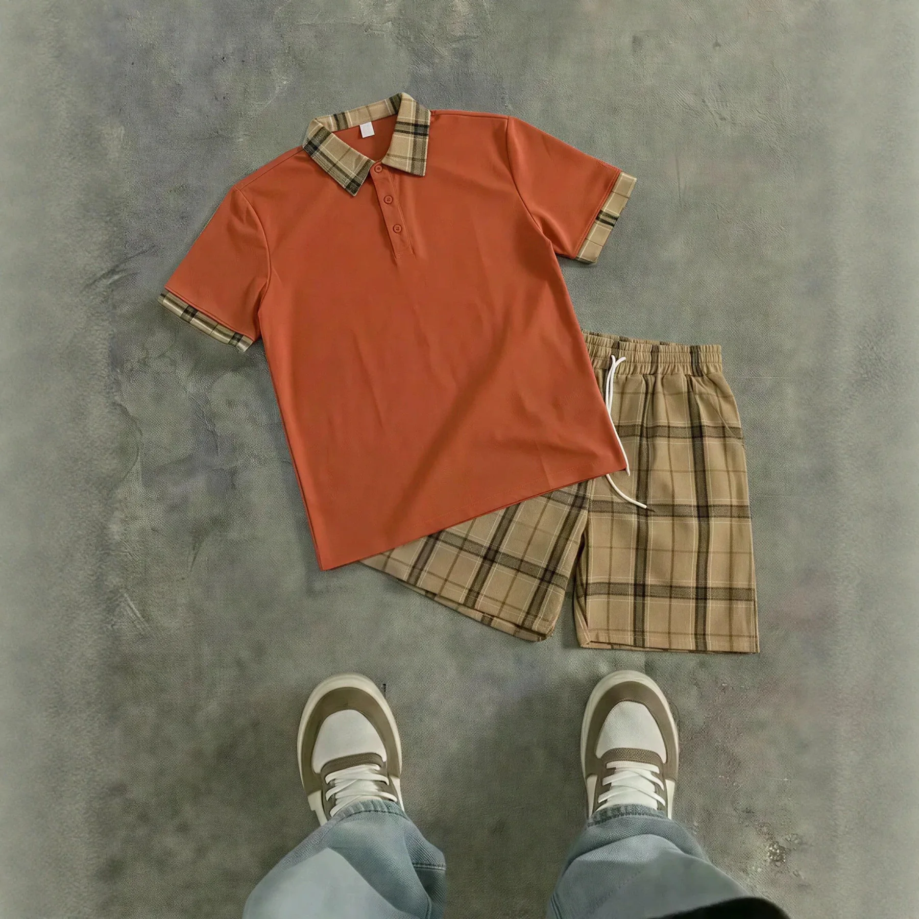 Nuevo Conjunto de Camiseta Polo de Manga Corta y Pantalones Cortos para Hombre, Diseño Deportivo Casual a Cuadros con Cuello Transpirable
