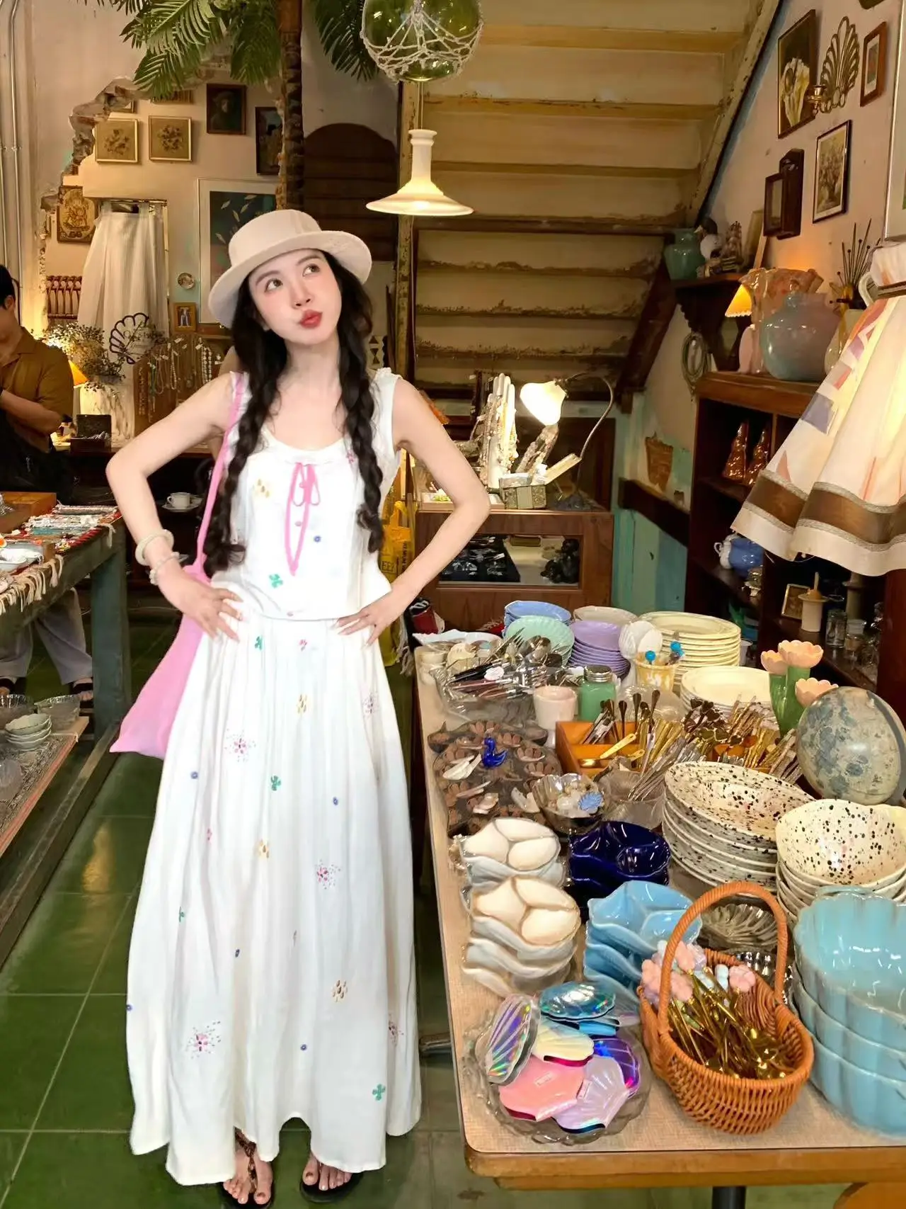 

Summer Concert Linen Silk Embroidery Color Block Belted Top Flared Skirt Set Women's Fashion Spring Autumn Breathable Cotton ...