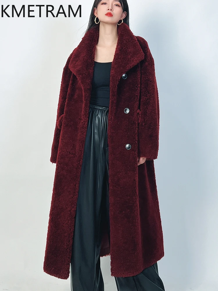 KMETRAM 100% Wool Coats for Woman High Quality Burgundy Long Coat Winter Clothes Sheep Shearing Jacket 2025 пальто женское