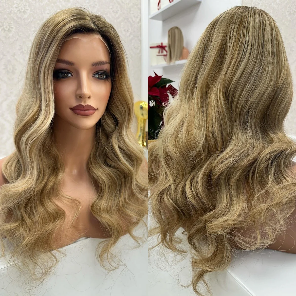 Trendy Body Wave Long Length Highlight Synthetic Lace Frontal Wigs High Density Ombre Caramel Brown Balayage Full Wigs Top Sale