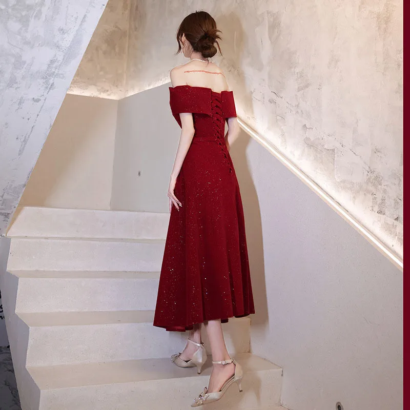 DongCMY – robe de bal asymétrique épaule dénudée, col bateau, robe Boho de fiançailles, tenue habituelle élégante, rouge, robes de soirée pour femmes, nouvelle collection 2025