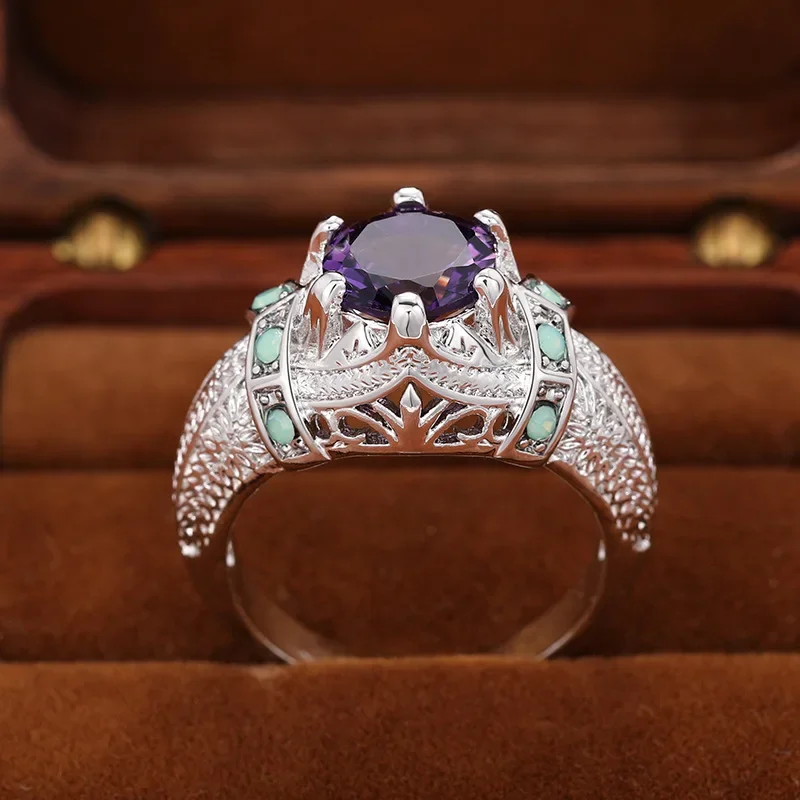 2025 New Minimalist Inlaid Purple Crystal Zircon Ring for Women Attending Banquets, Fashionable and Elegant Jewelry Accessories