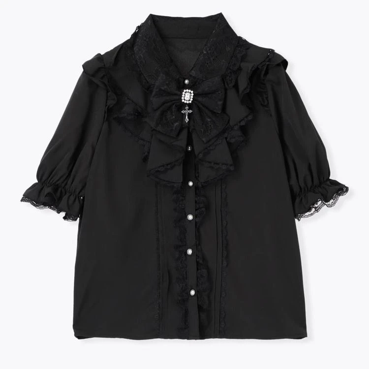 Japanse Vrouwen Shirt Zoete Kant Leuke Boog Korte mouwen Top Shirts Lolita Stijl Camisas De Mujer Losse Casual Tops Chic