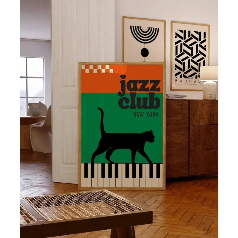 

2D/Flat Retro Jazz Club Black Cat Canvas Poster, Frameless Retro Jazz Music Wall Art Print for Living Room and Bedroom Decortion