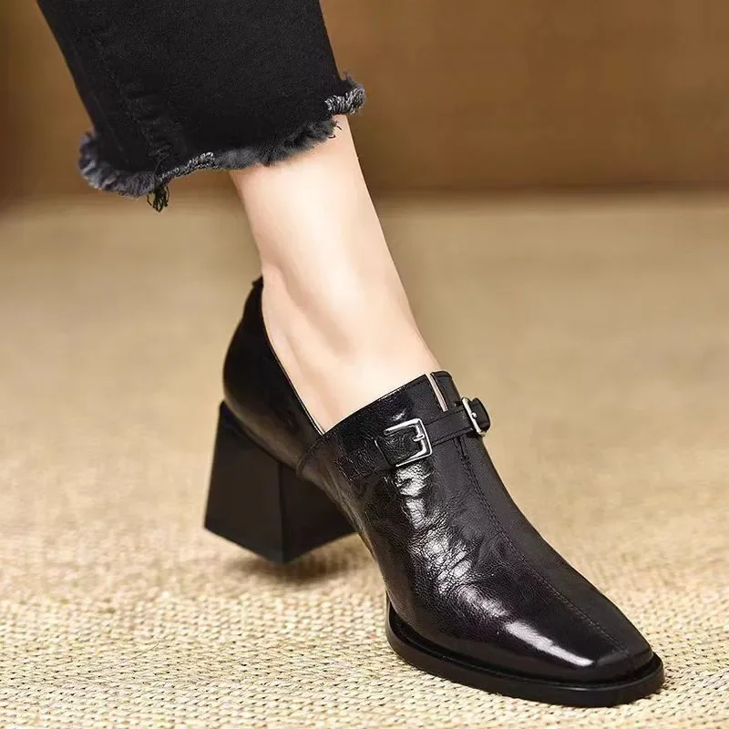 High-heeled Shoes Women's New All-match Thick-heeled Pointed Leather Shoes Mid-heeled Black Professional Shoes Women's Shoes 40