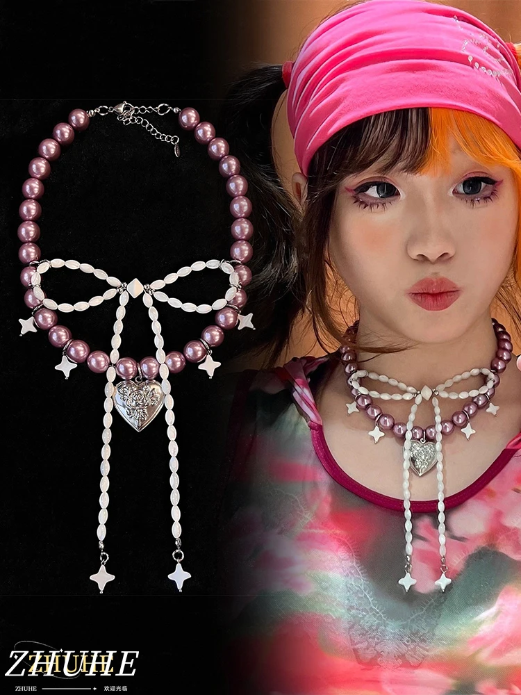 

Beaded Bow Necklace Y2K Hot Girl Simple And Fashionable Carnival Jewelry Accessory For Your Girlfriend