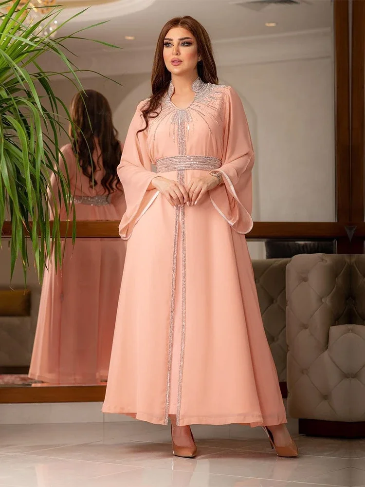 Robe de soirée marocaine pour femmes, abaya musulmane, col montant, mode Dubaï Abayas, diamant, caftan, robe élégante, robe éducative, Turquie