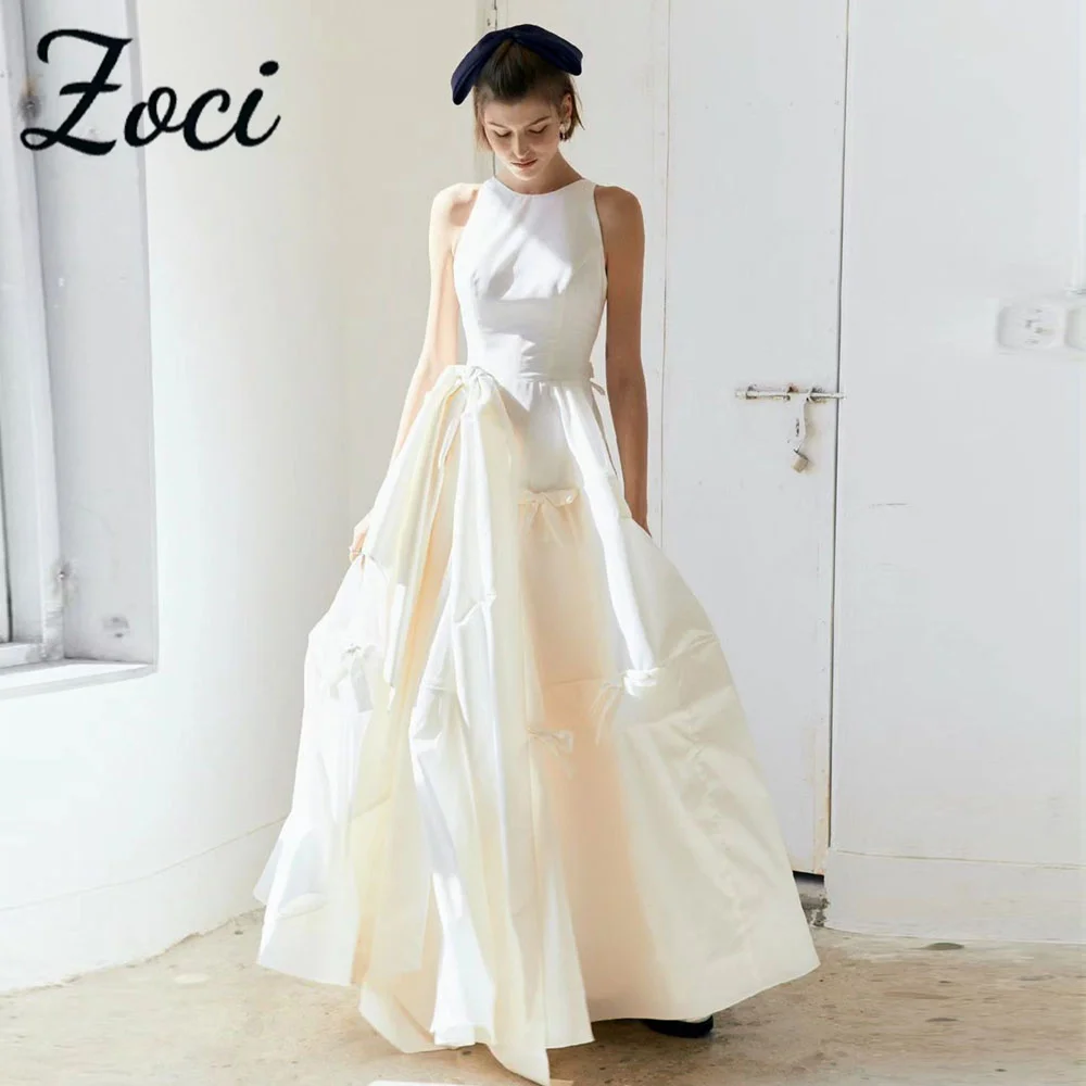 

Zoci Elegant O Neck Korea A Line Wedding Dresses Customized Draped Taffeta Corset Bride Dress Photo Shoot Bow Ribbon Bridal Gown