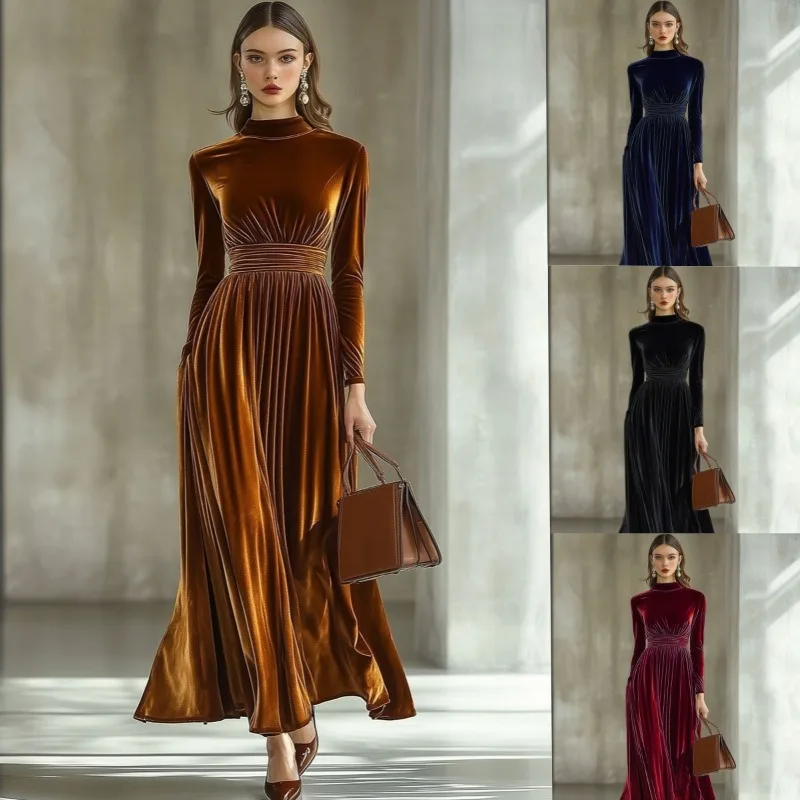 

Dress Women Autumn Winter Velvet Long Sleeves Fitted Waist Flattering Silhouette Elegant Long Skirt Refined New Niche Versatile