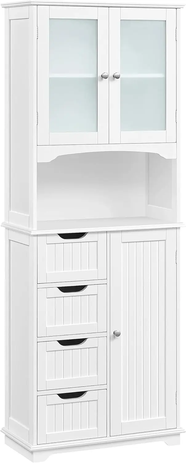 

Tall Storage Cabinet with Glass Door, Bathroom Floor Cabinet 65.5″, Kitchen Pantry Storage Cabinet with Open Compartment, 4 Draw