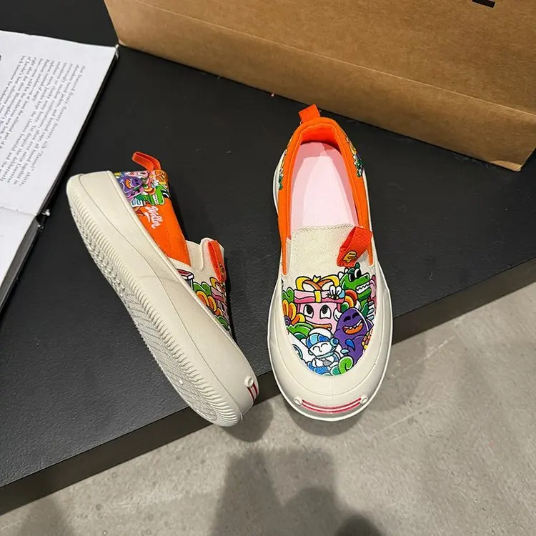 Girls Graffiti Personality Canvas Shoes Women Spring New Round Head Thick Sole Sneakers Outdoor Flats Slip-on Casual Loafers