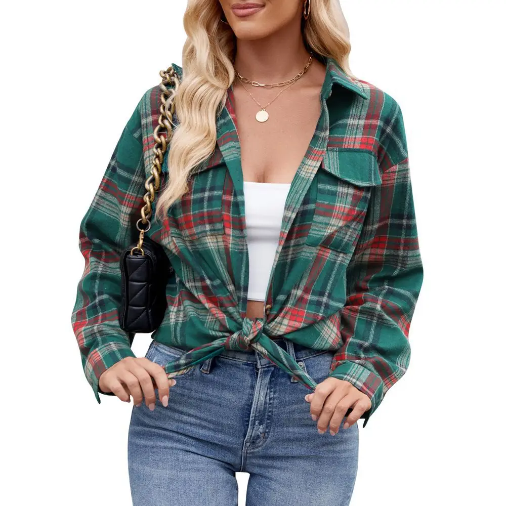 Women Plaid Button Up Shirt Autumn Winter Loose Warm Long Sleeves Pocket Casual Blouse Preppy y2k Harajuku Checkered Top