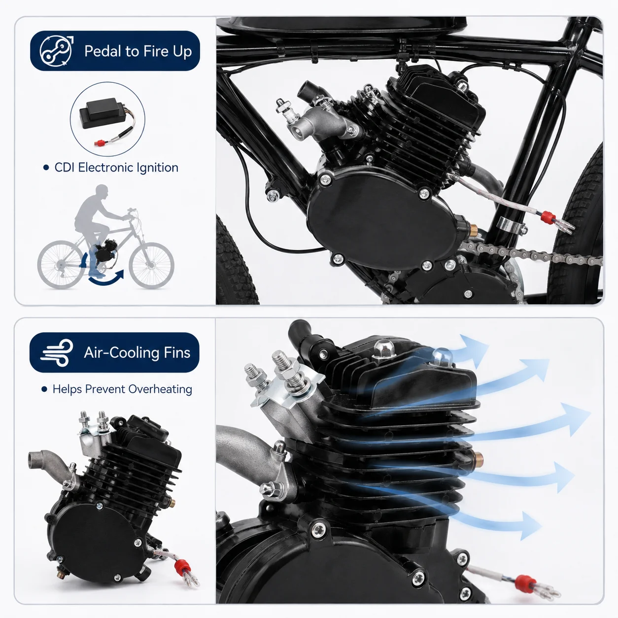 Motor de Bicicleta de 80cc y 2 Tiempos, 1.85kw/5500rpm, con Encendido CDI, 1.65HP, Cilindro Único, Orificios de Disipación de Calor, Bajo Consumo de Combustible 0.53gal/62millas, Arranque con Pedal, Acabado Negro, para Bicicletas de Montaña, Cruiser y Carretera con Cuadro en V de 26-28 Pulgadas