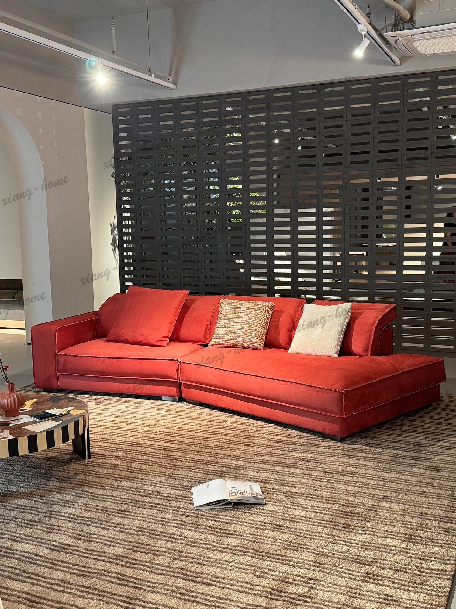 PG Red Suede Fabric Curved Modular Sofa Deep Seat Floor Style Oversized Pillows L Shaped Sectional For Living Room Villa Home