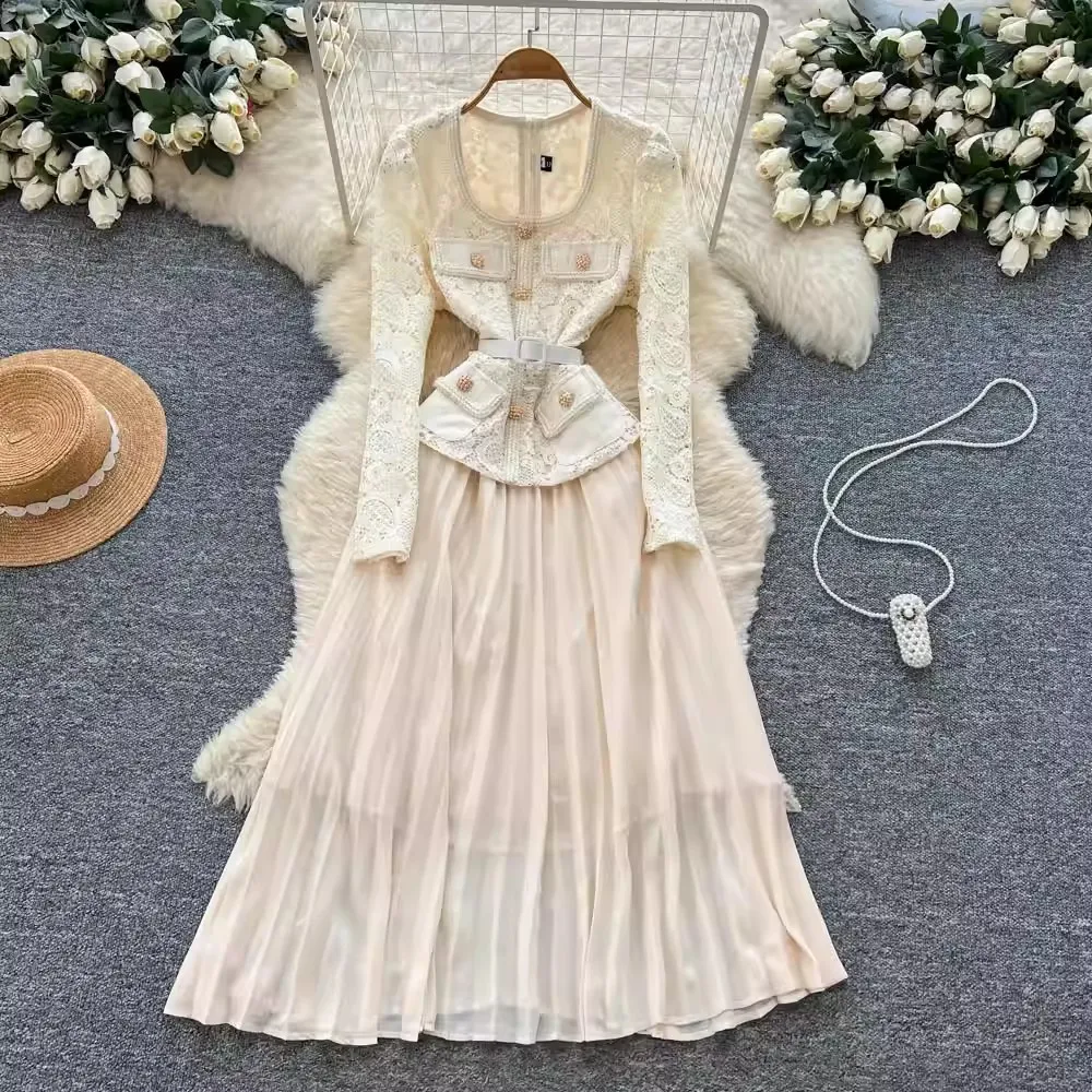 

Summer Autumn Embroidery Formal Evening Dresses Women Hollow Out Full Sleeve Lace Chiffon Long Dress Lady Pleated Party Vestidos