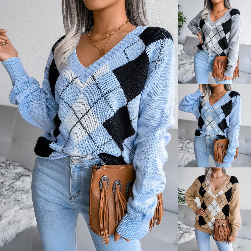 

Sweater for Female Autumn and Winter Fashion New College Style Rhombus Geometric V-Neck Casual Blouse