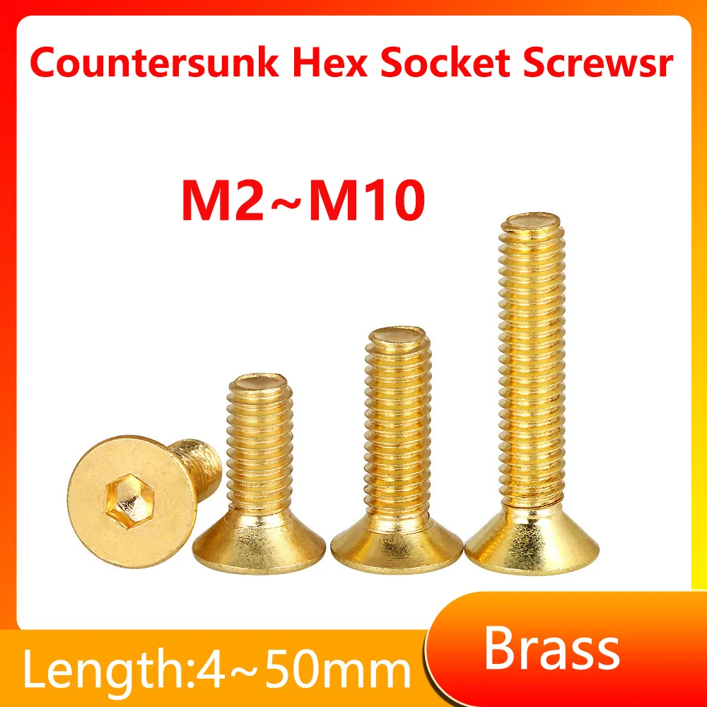 M2~ M10 Brass Flat Screw Brass Hexagon Hex Allen Socket Countersunk Head Screws Bolts Length4mm~50mm