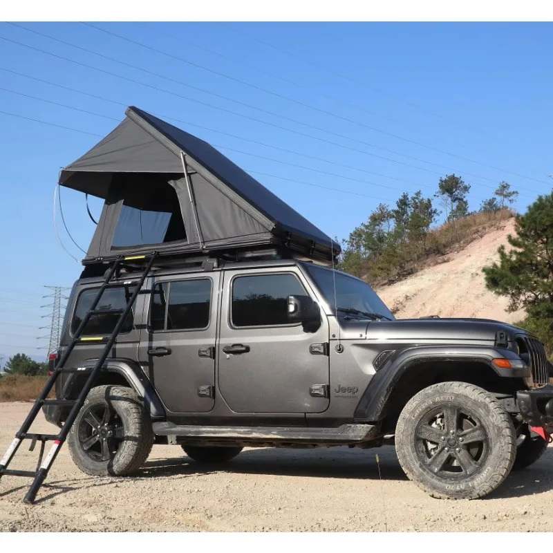 

Camping Triangle Car Roof Tent Hard Flip Black Grey Aluminum 4 Person Hard Shell Roof Tent